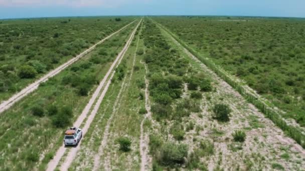 在博茨瓦纳中卡拉哈里野生动物保护区的植被中 开车沿着带有栅栏的土路行驶 空降飞行员中枪 — 图库视频影像