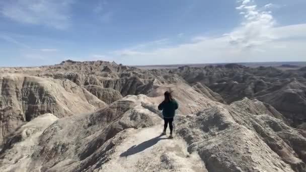 Γυναίκα Πεζοπορία Badlands Εθνικό Πάρκο Νότια Ντακότα — Αρχείο Βίντεο