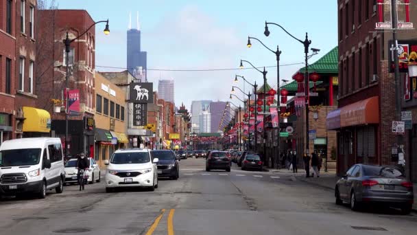 City Chicago Chinatown Car Pedestrian Traffic — 비디오