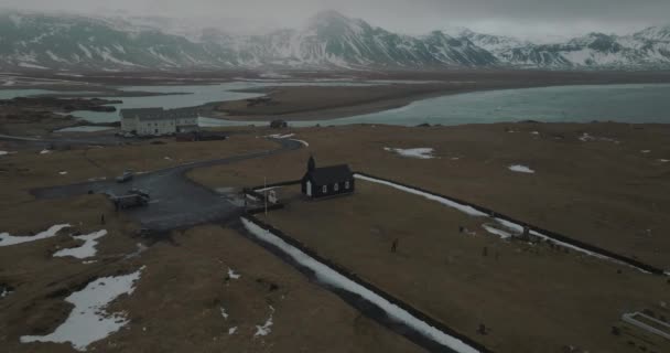 Black Church Budir Remote Secluded Iceland Countryside Aerial — стокове відео