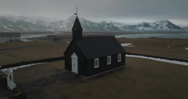 Black Church Budir Famous Iceland Landmark Religious Building Aerial Orbit — ストック動画