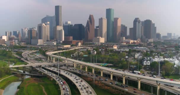 Aerial Cars North Freeway Downtown Houston — Video Stock