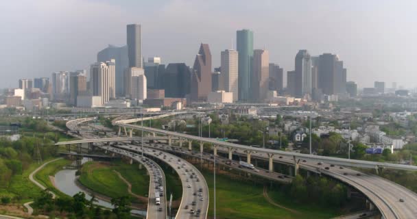 Aerial Cars North Freeway Downtown Houston — Vídeo de Stock
