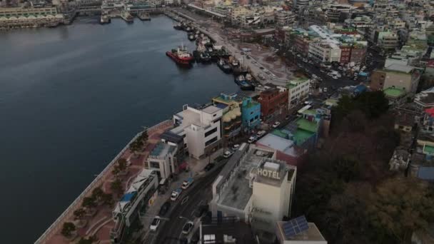 Light Road Traffic Morning Yeosu City South Korea Birds Eye — Video Stock