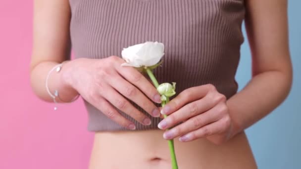 Beautiful Woman Holding Roses Blossoming Rose Garden Enjoying Natural Scent — Vídeo de Stock