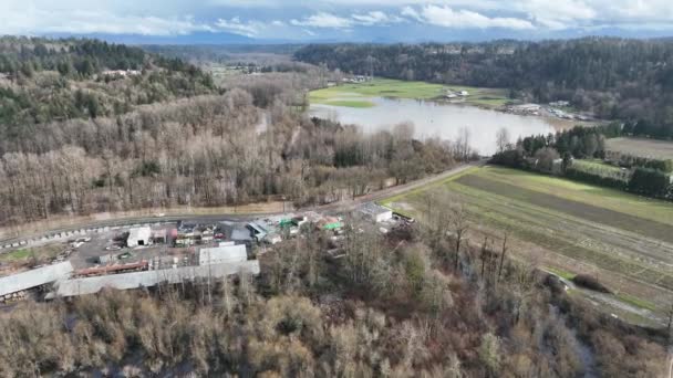 Cinematic Aerial Drone Dolly Shot Flooding Duwamish Green River Black — Vídeos de Stock