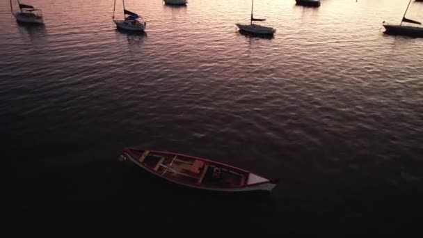 Aerial Upward Tilt Revealing Sailboat Cluster Deep Salm Majestic Purple — Wideo stockowe