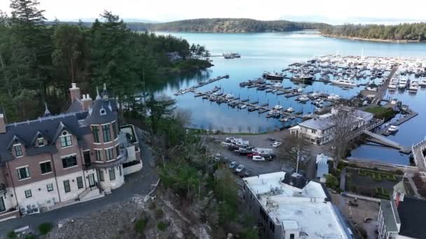Cinematic Aerial Drone Pan Shot Buildings Roche Harbor Resort Sheltered — Stock videók