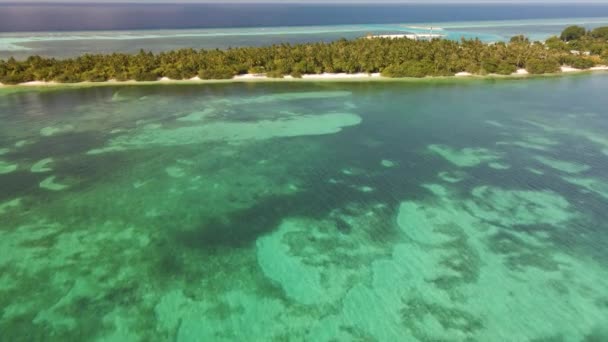 Drone Volando Sobre Aguas Turquesas Hacia Una Isla Con Árboles — Vídeos de Stock