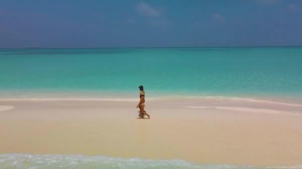 Двоє Людей Ідуть Піщаній Косі Оточеній Бірюзовою Водою Мальдівські Піщані — стокове відео