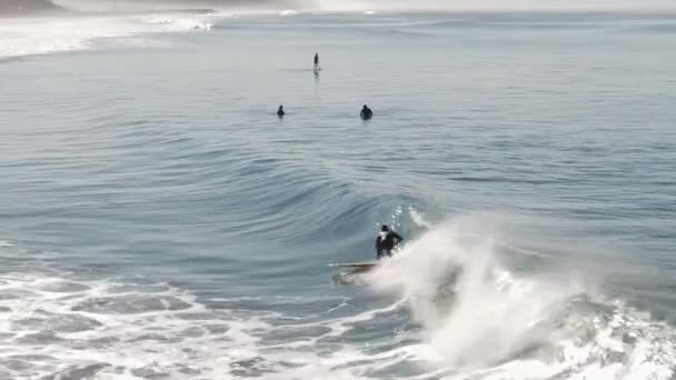 Hermoso Disparo Aéreo Dron Dron Siguiendo Surfista Surfeando Una Ola — Vídeo de stock