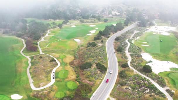 Flygdrönare Skott Golffält Nära Stranden Kalifornien Montereybukten — Stockvideo