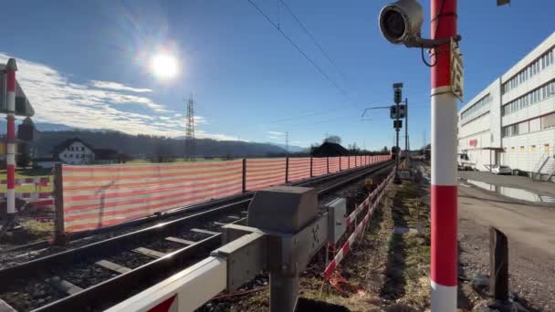 Vermelho Marrom Sob Trem Dirigindo Sobre Uma Travessia Ferroviária Belo — Vídeo de Stock