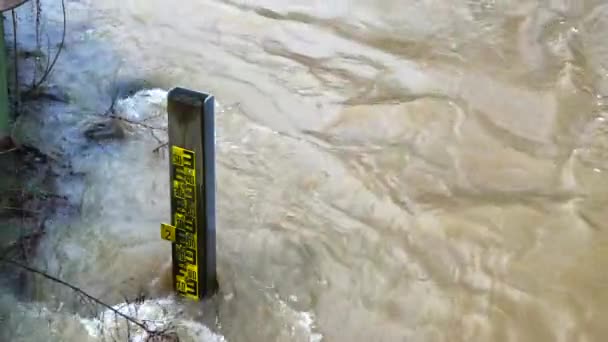 Лічильнику Рівня Води Стоїть Річці Можете Прочитати Рівень Води Високій — стокове відео