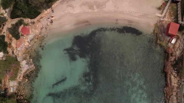 Cala Gracio Biza Spanya Kumlu Sahilin Havadan Görünüşü Arka Planda — Stok video