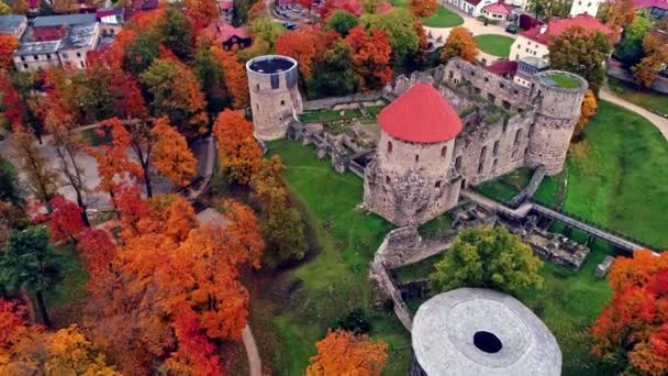 Aerial View Cesis Castle Autumn Colors Latvia — Stock Video