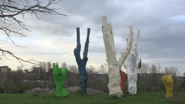 Sculptural Art Painted Trees Various Colors — Stock Video