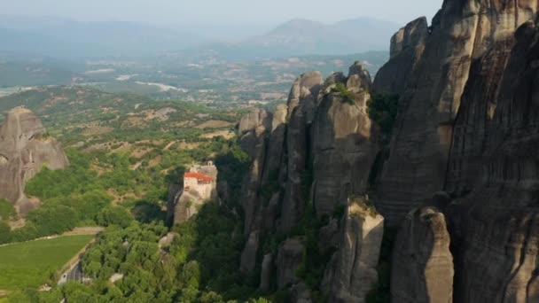 Aerial View Meteora Valley Rock Formations Daytime Greece Drone Shot — ストック動画