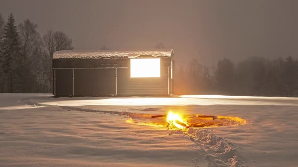 Couple Having Bonfire Cabin Cold Winter Night Timelapse — Video