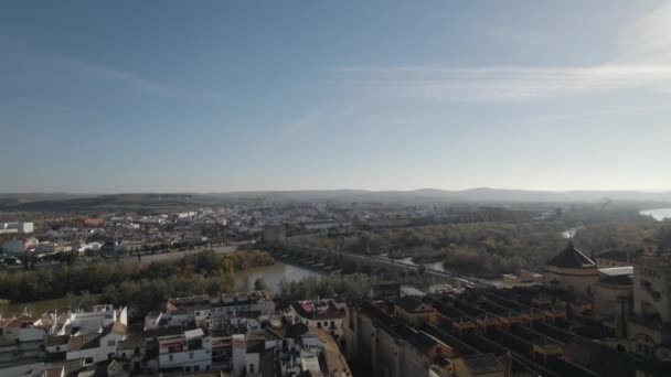 Aerial Riser Reveals Historic Sites Cordoba Roman Bridge Mezquita — Stock Video