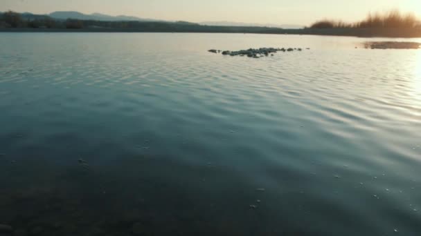 Lago Durante Atardecer Con Viento Ligero Olas — Vídeos de Stock