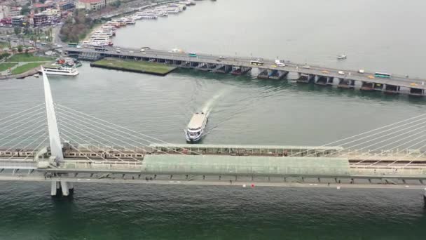 Aerial Drone Top View Ferry Crosses Halic Metro Bridge Bosphorus — Stockvideo