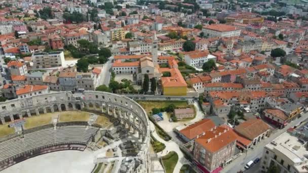 Letecký Přehled Amfiteátru Římského Kolosea Pule Istrie Chorvatsko Výhledem Město — Stock video