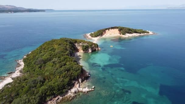 Ksamil Islands Albania Slow Aerial Small White Beach Sand Strip — 图库视频影像