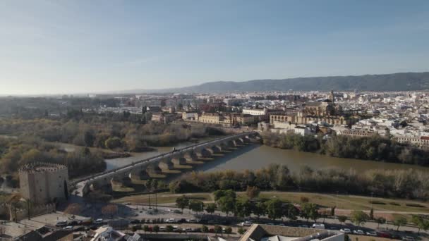 Letecký Pohled Přes Řeku Římským Mostem Mešitou Katedrálou Cordoba — Stock video