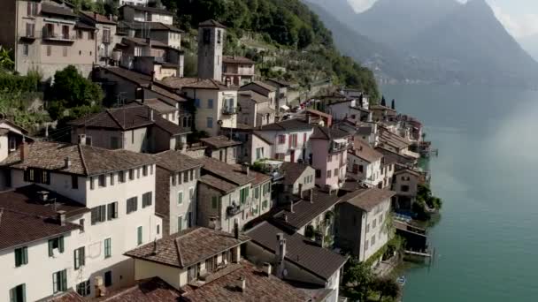 Voo Lento Sobre Histórica Vila Gandria Lago Lugano Suíça Vista — Vídeo de Stock