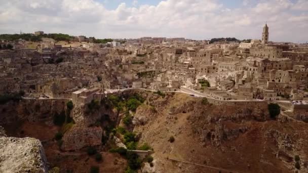 Drone Panorama Van Oude Stad Van Matera Zuid Italië — Stockvideo