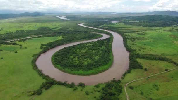 Aerial Drone Shot View River Meandering Snake Tropical Rain Forest — Stock Video