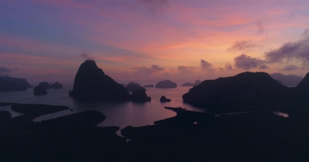 Colorful Sky Morning Sunrise Phang Nga Bay Silhouette Islands Aerial — Stock Video