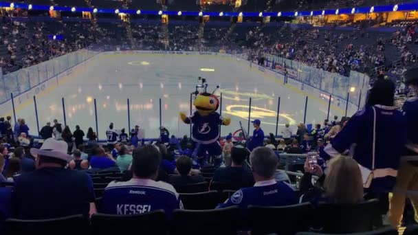 Lightning Mascot Entertainment Fans Area Crowd Hockey Game Begins — стокове відео