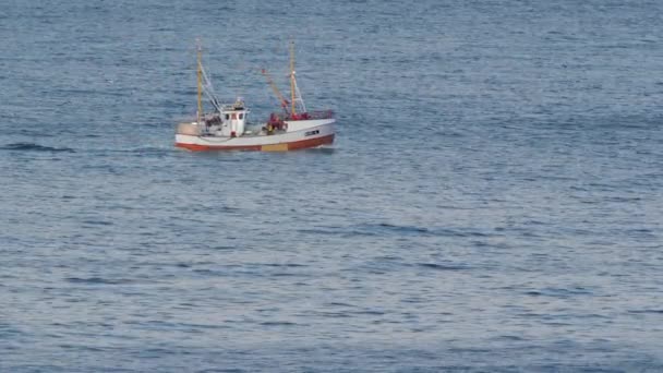 Witte Vissersboot Varen Een Open Zee Van Noord Noorwegen 60Fps — Stockvideo