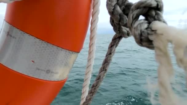 Nahaufnahme Von Rettungsring Mit Seil Das Über Wasser Den Horizont — Stockvideo