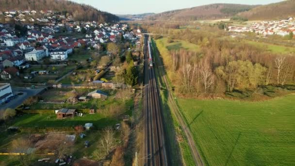 Aerial View Train Deutsche Bahn Spring Evening Germany Reverse Pull — Stock Video