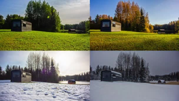 小さな家の周りの同じ場所から示された4つの異なる季節の時間の経過 — ストック動画