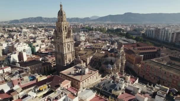 Vliegen Naar Murcia Kathedraal Bergketen Als Achtergrond Spanje — Stockvideo