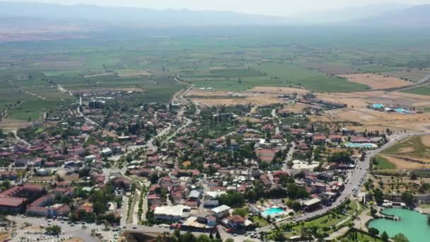 High Altitude Aerial View Pamukkale Town Turkey Sunny Summer Day — Stock Video