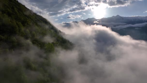 太陽の下で暗い森林アルプスの丘の中腹に包まれた灰色のパフィー雲の上の飛行 — ストック動画