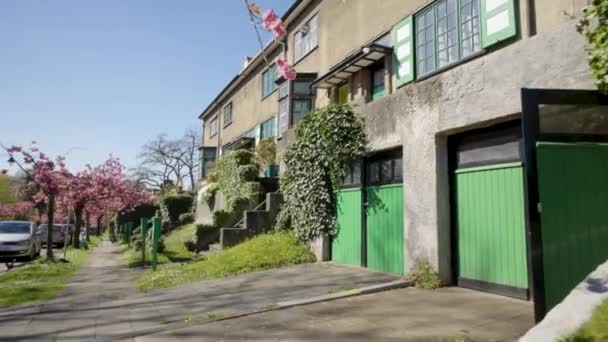 Wiersz Domów Retro Zielonym Garażem Skrzynką Pocztową Wykończeniem Ramki Dzielnica — Wideo stockowe