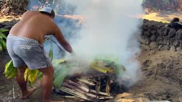 Poner Hojas Sobre Cerdo Kalua Imu Pit Para Fumar Cerdo — Vídeos de Stock