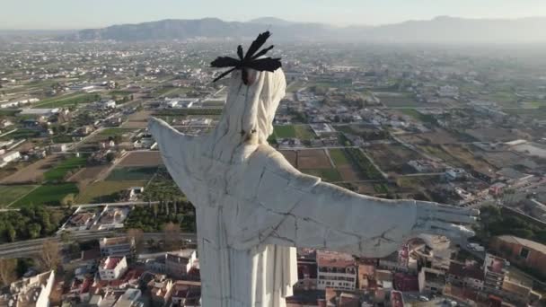 Drone Che Vola Intorno Cristo Monteagudo Murcia Spagna Orbita Aerea — Video Stock