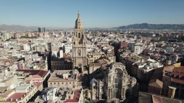 Drone Flying Bell Tower Murcia Cathedral Cityscape Spain Aerial Forward — 비디오
