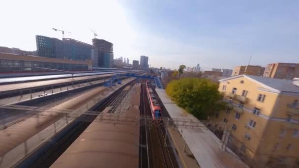 Fpv Drone Shot Train Leaving Railway Station First Person View — Vídeo de Stock