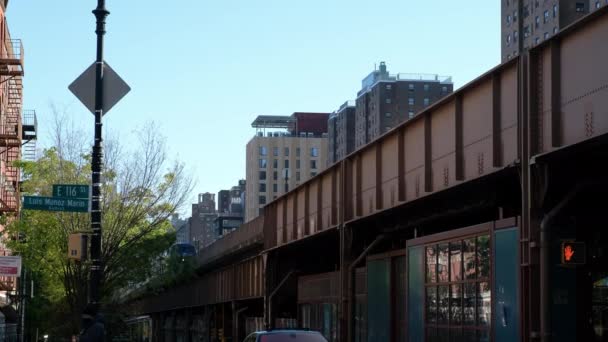 在哈莱姆纽约的一个立交桥上 以住房项目为背景的客运列车地面固定拍摄 — 图库视频影像