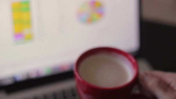 Morning Coffee Finance Analytics Laptop Background First Person View — 비디오