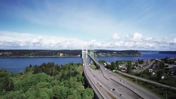 Daily Commuters Travel Tacoma Narrows Bridge Crossing Puget Sound Aerial — Video