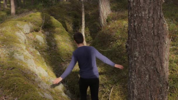 Young Man Exploring Old World War Trenches Forestry Area — Vídeo de Stock